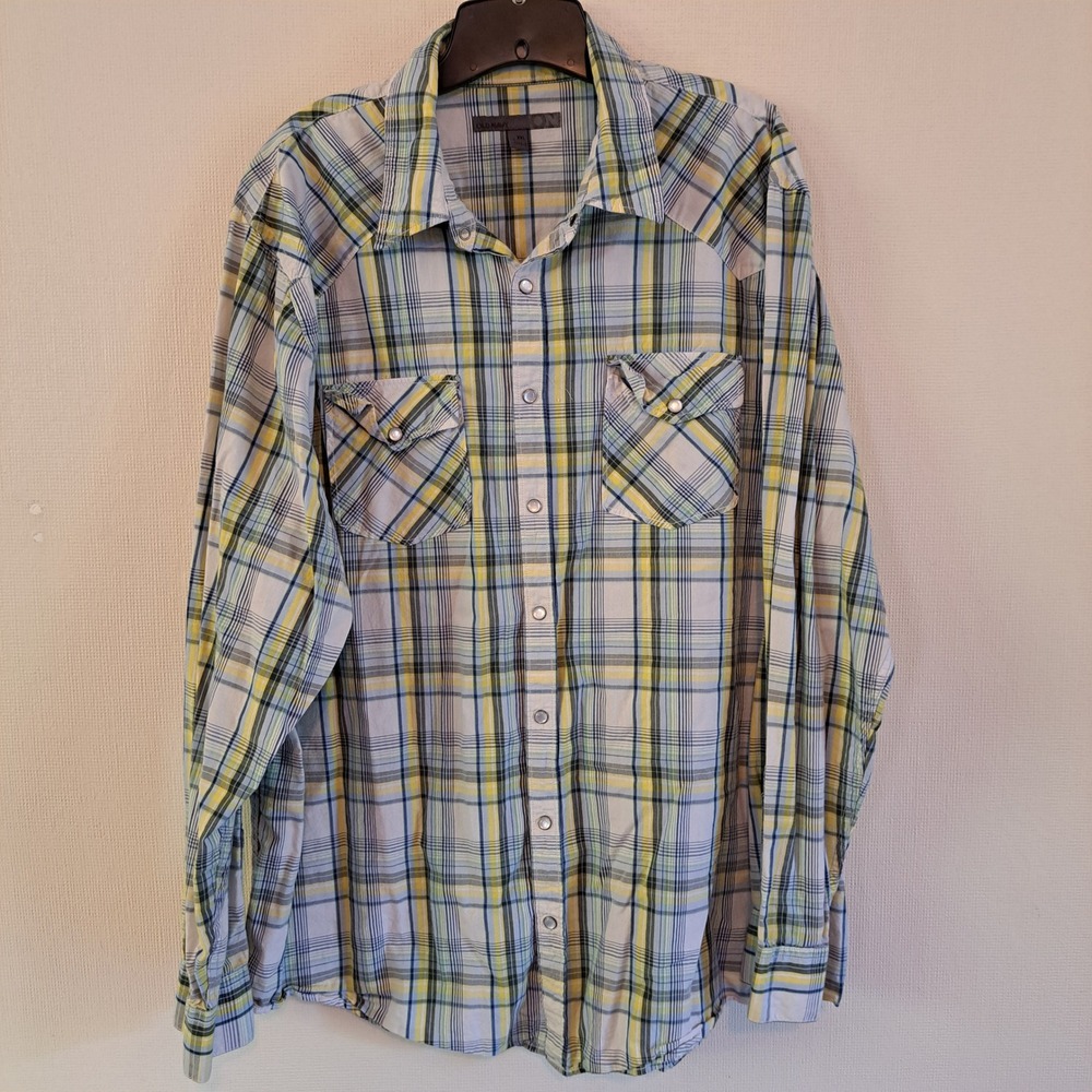 Old Navy Mens XXL Western Pearl Snap Shirt Plaid Long Sleeve Yellow Blue Green